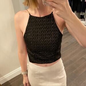 Black & Gold Chain Metallic Greek Key Print High Neck Halter Tank Crop Top XXS